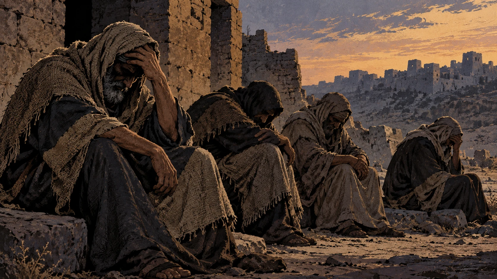 Poetic visual interpretation: Several anonymous clothed elders seated low with bowed heads and sackcloth, faces indistinct, no dialogue.