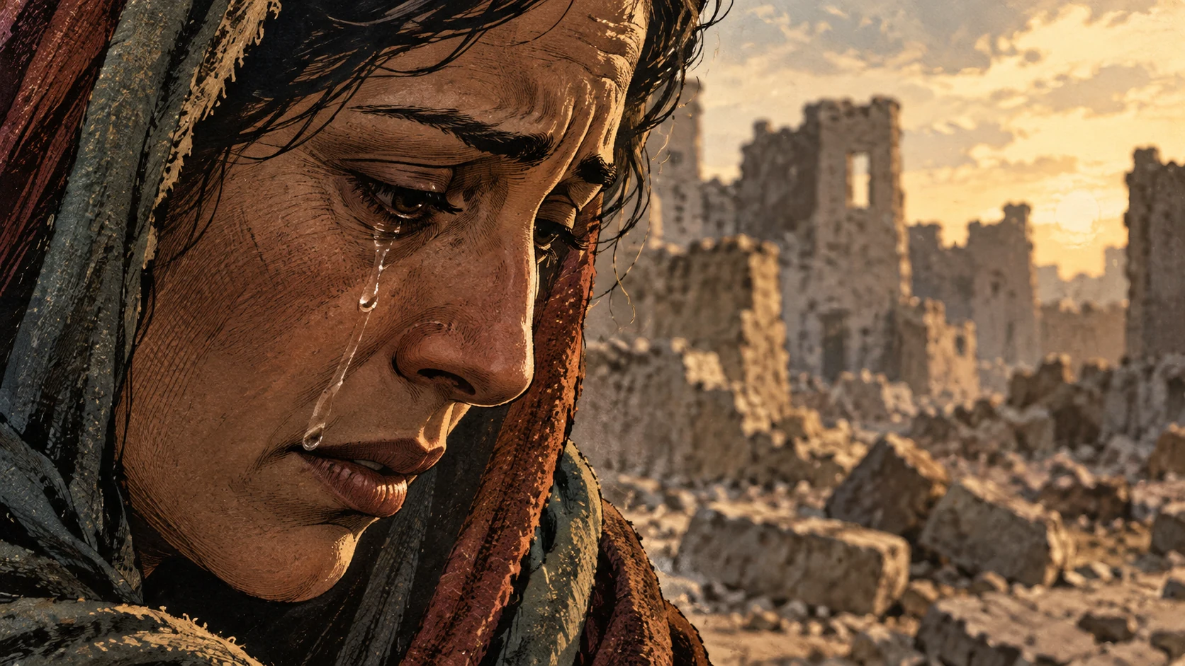 Poetic visual interpretation: Close view of an anonymous adult's tear-wet cheek against blurred ruins; no graphic injury, liver or dying child.