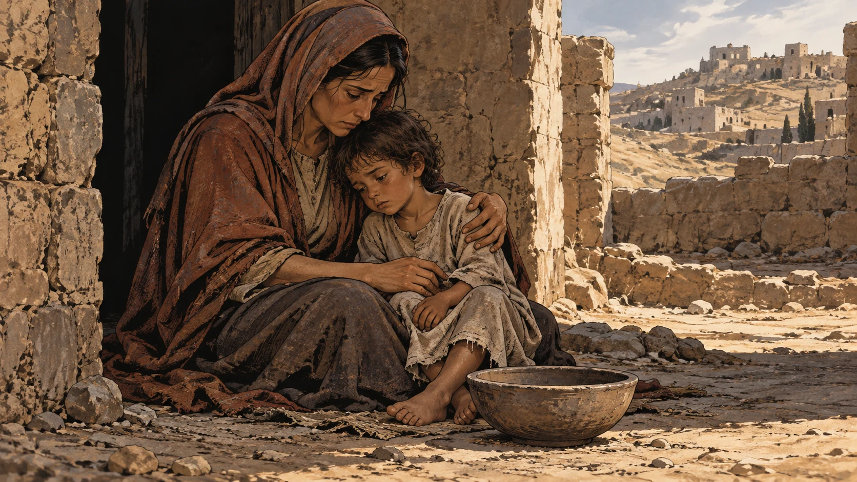 Poetic visual interpretation: An anonymous mother supports a weary clothed small child beside empty grain bowl; compassionate non-graphic depiction, no speech lettering.