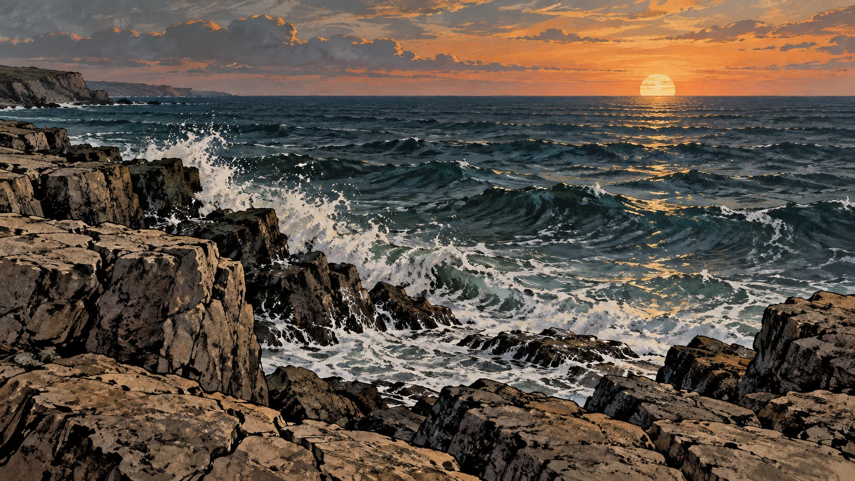 Poetic visual interpretation: Wide sea viewed across fractured shoreline rock, explicitly metaphorical measure of grief, not Jerusalem geography.