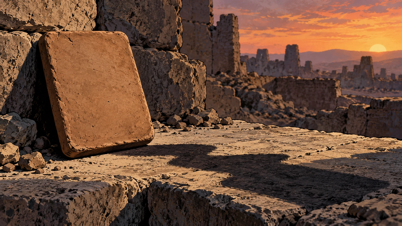 Poetic visual interpretation: An empty clay tablet surface beside a crooked shadow on ruined stone, metaphor for failed prophetic counsel, no writing or specific prophet.