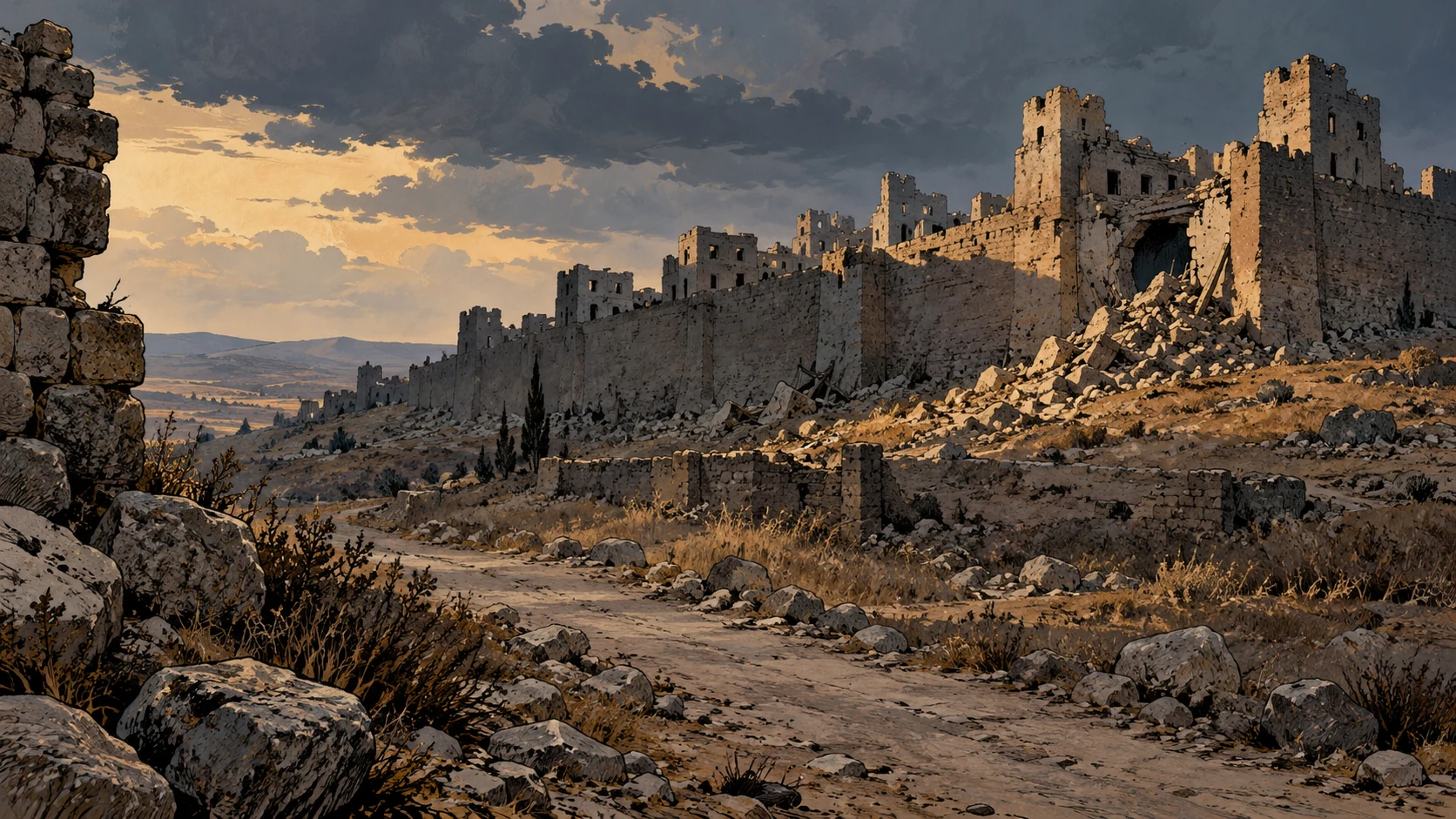 Poetic visual interpretation: Ruined city seen from outside its abandoned road, beauty lost; mockery remains in Scripture, no invented crowd.