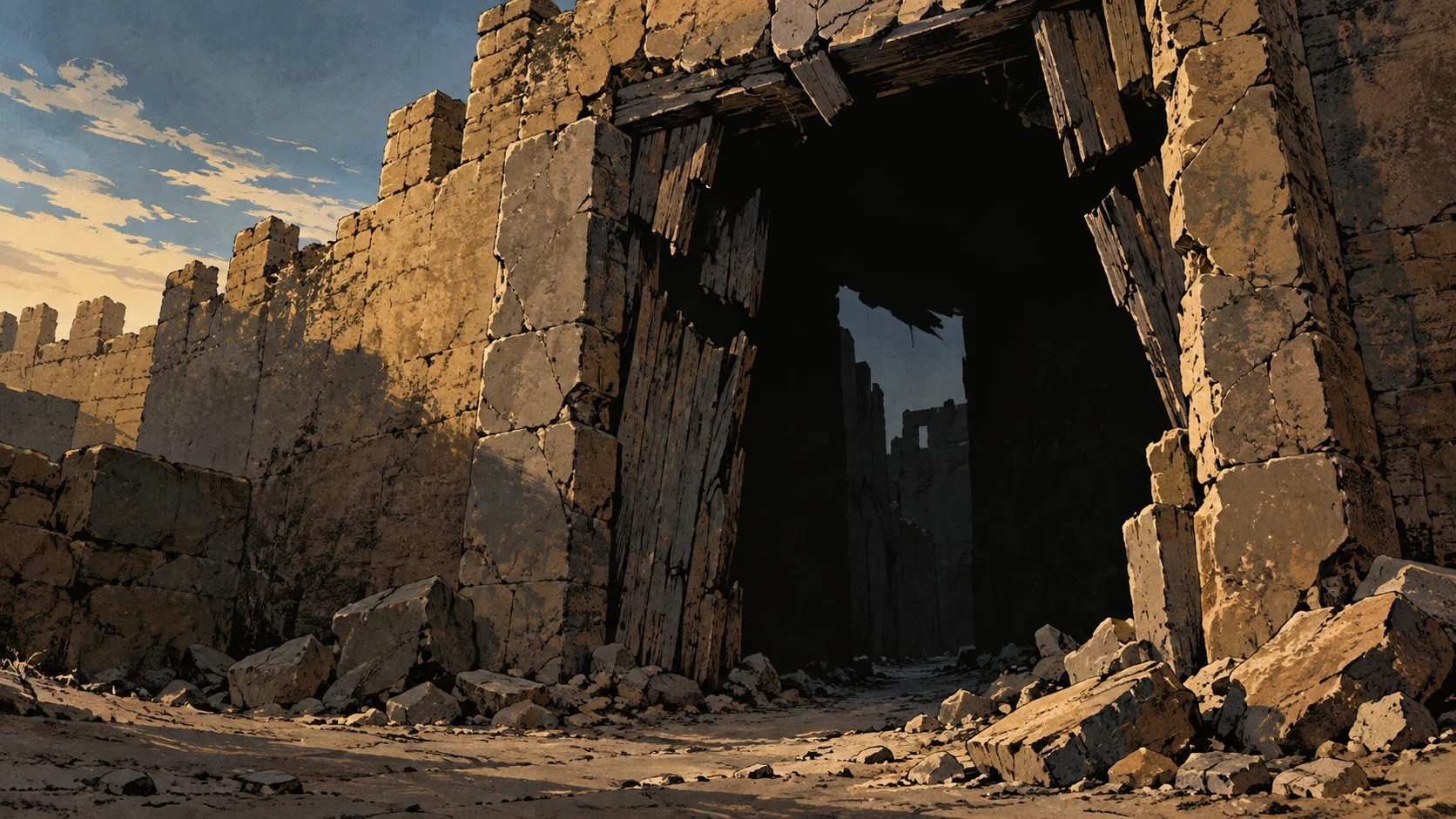 Poetic visual interpretation: Jagged fractured gate mouth viewed as a dark opening, metaphor for hostile speech, no monster or invented confrontation.