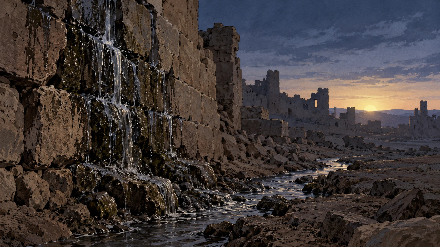 Poetic visual interpretation: Water tracks down a ruined wall into a narrow stream, night-to-dawn muted light, metaphor of unceasing lament.