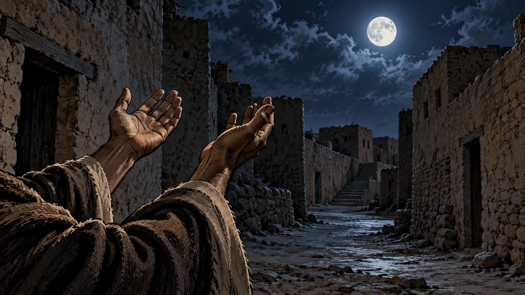Poetic visual interpretation: Anonymous adult's raised empty hands in a moonlit deserted street, pleading on behalf of children, no divine answer shown.