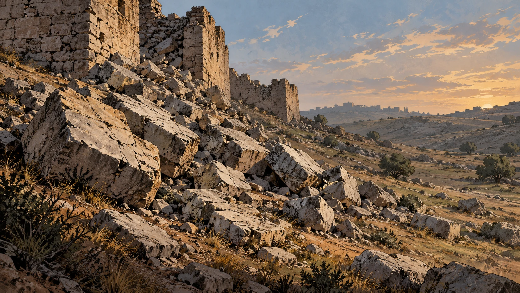 Poetic visual interpretation: Broken fortification stones scattered downhill into a ruined pasture, ground-level composition.