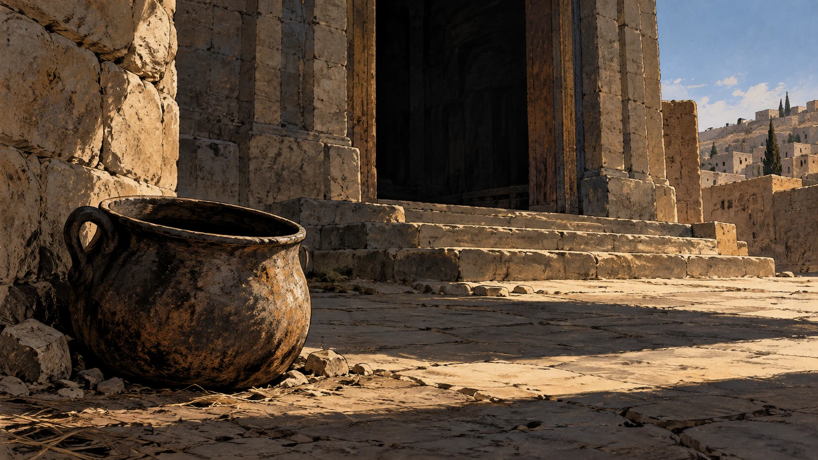 Poetic visual interpretation: Empty domestic cooking vessel beside a deserted sanctuary threshold, solemn indirect treatment of famine atrocity, no food, bodies, or abuse.