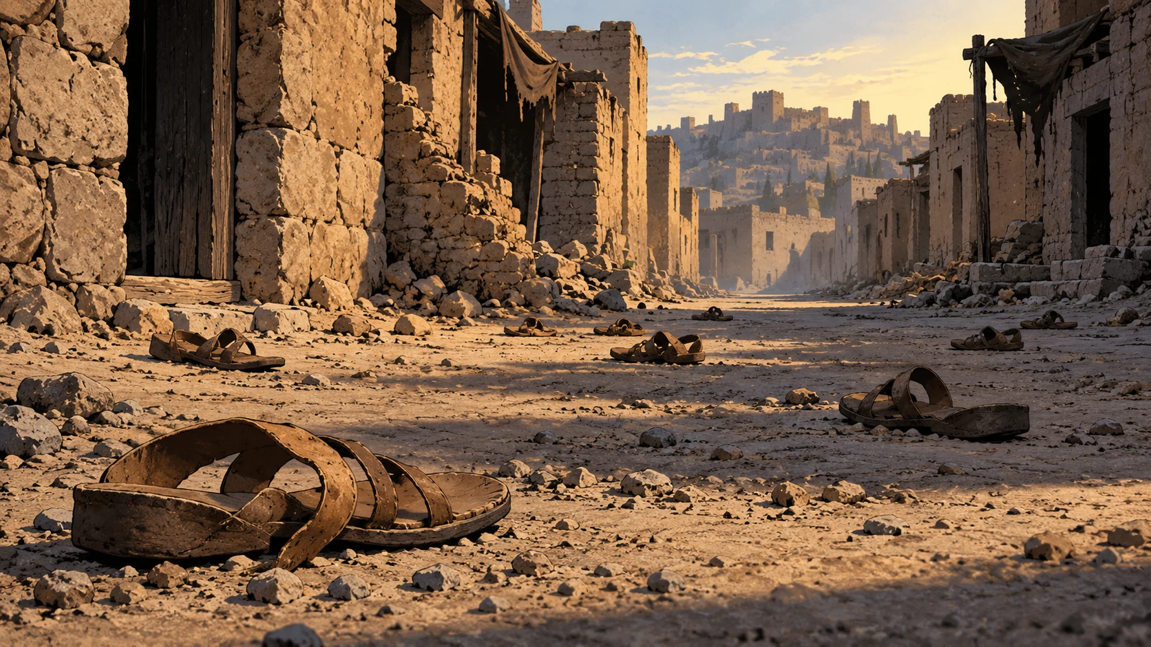 Poetic visual interpretation: Wide abandoned street with scattered adult sandals and dust, death acknowledged through absence, no corpses or gore.