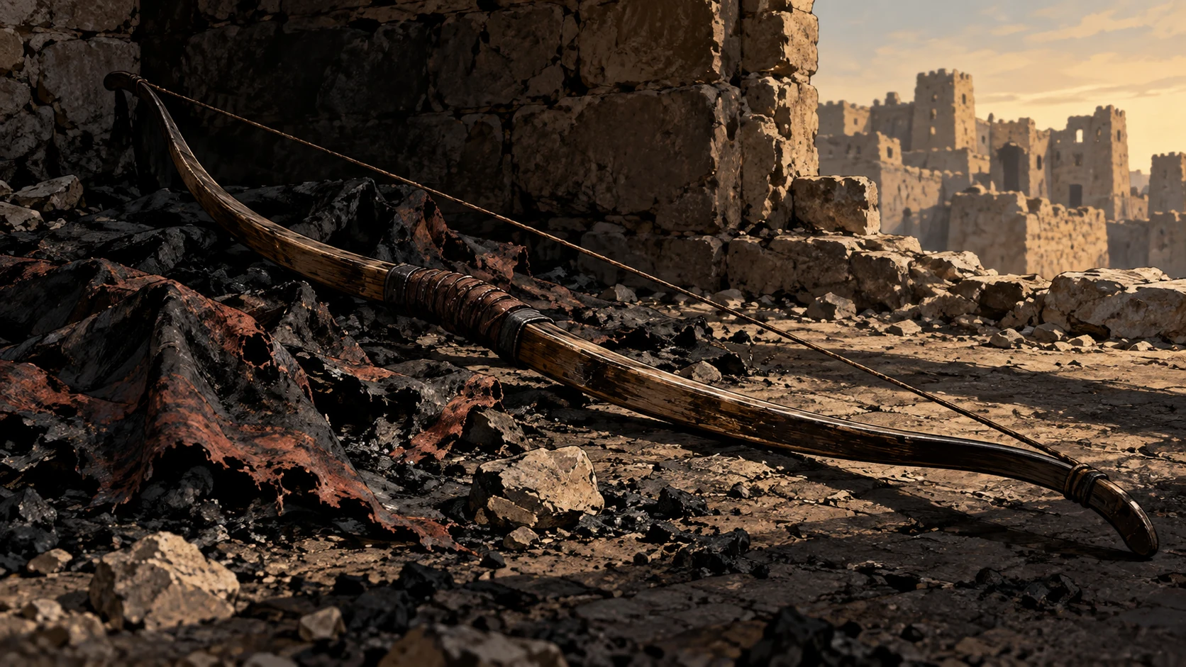 Poetic visual interpretation: An unheld ancient bow lies diagonally in shadow beside charred fabric, disclosed metaphor for the poem's enemy comparison, no divine archer.