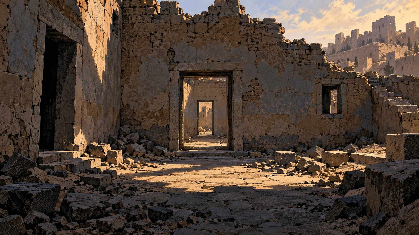 Poetic visual interpretation: Wide devastated palace courtyard, successive empty doorways express losses, no mourners assigned names.