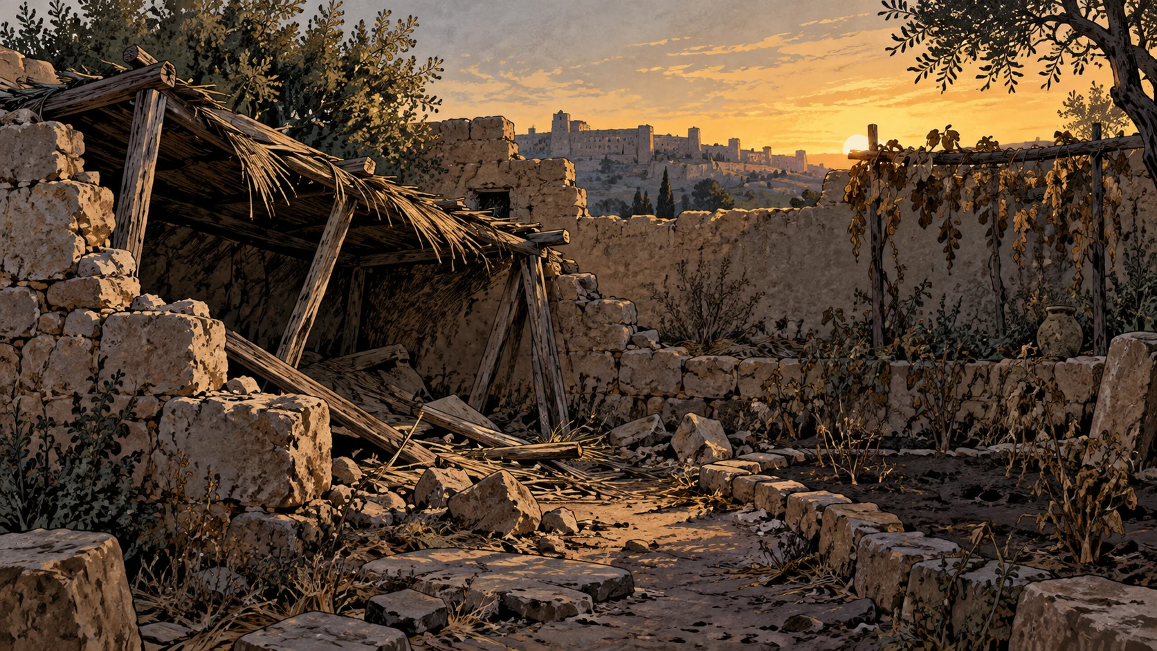 Poetic visual interpretation: Ruined garden-like enclosure with a collapsed simple shelter, absence of feast and Sabbath, no ritual invented.