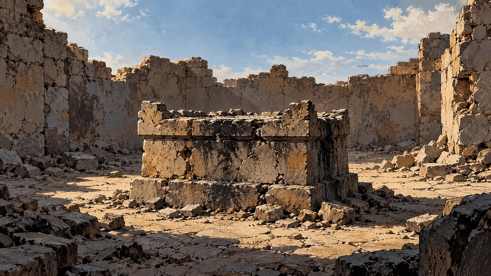 Poetic visual interpretation: Bare damaged ancient stone altar in a roofless ruined enclosure, no sacrifice, no divine figure.