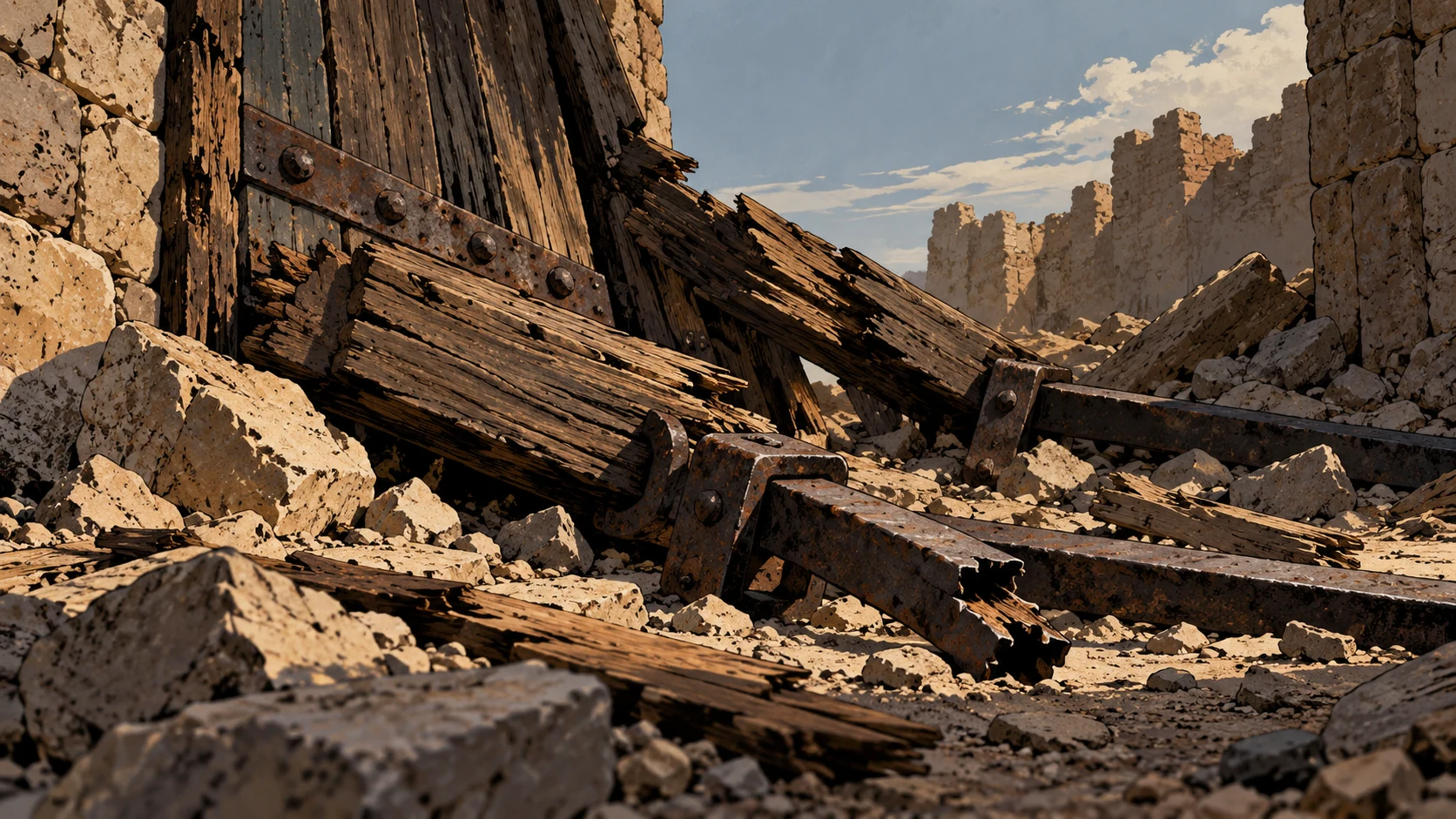 Poetic visual interpretation: Gate timbers and broken bars half buried in debris, close low view, no captives or named king.