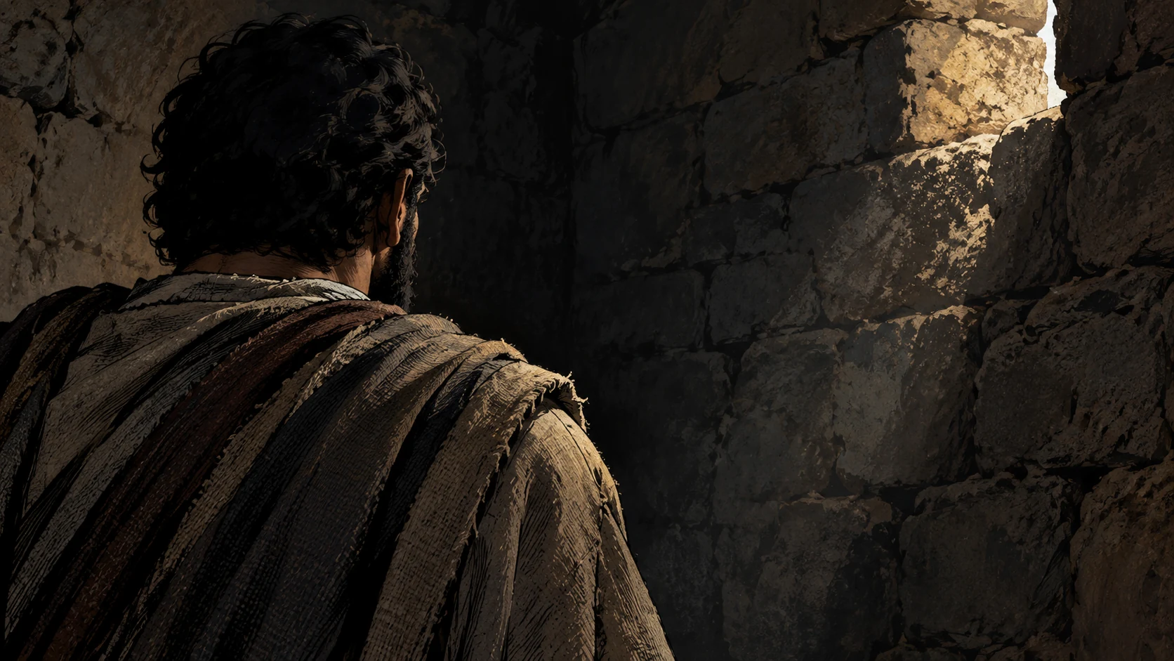 Poetic visual interpretation: Anonymous man's clothed shoulder seen from behind in dim stone enclosure, no prophet identity.