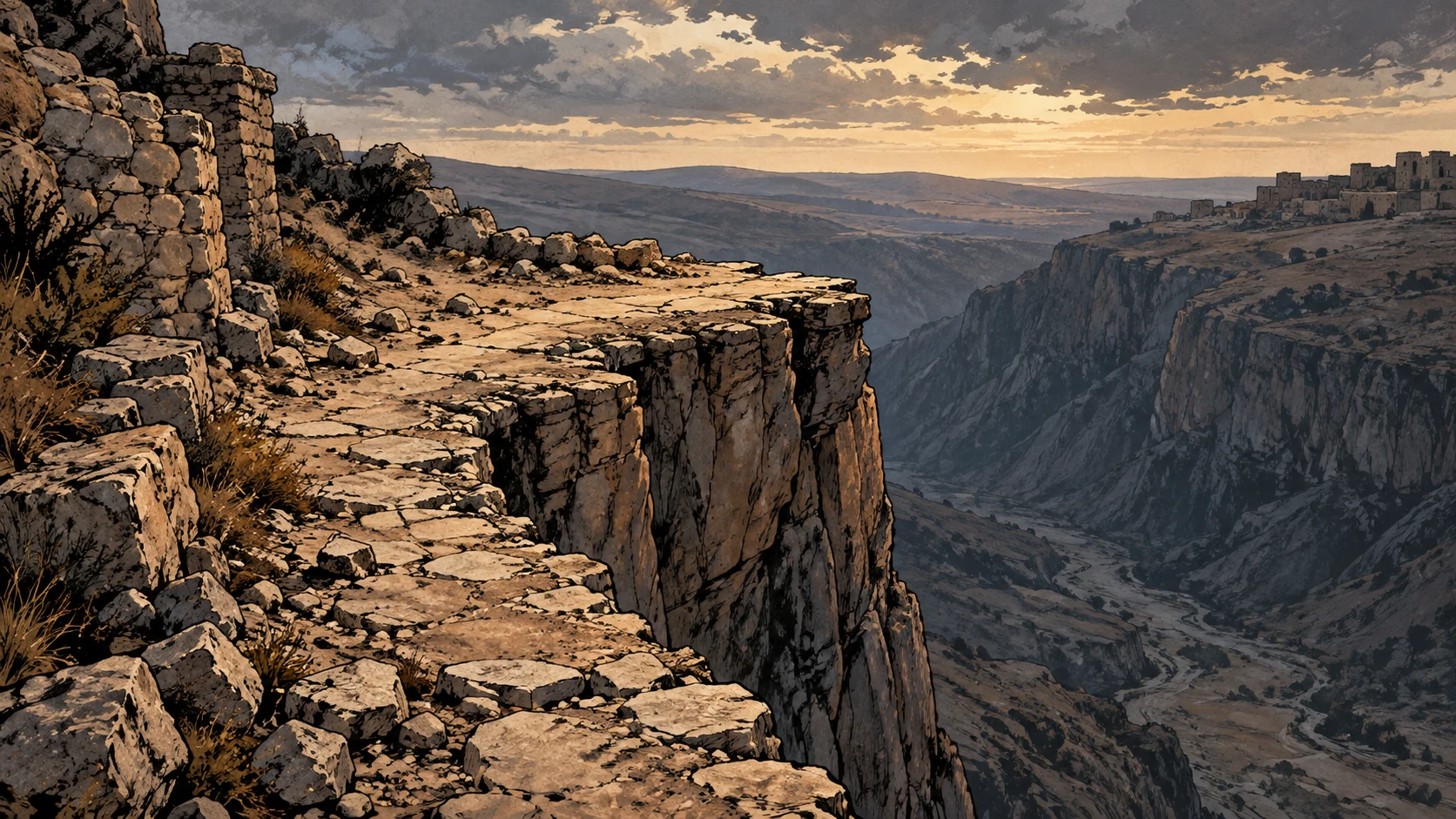 Poetic visual interpretation: A broken path ends against a barren cliff, no body or animal attack.
