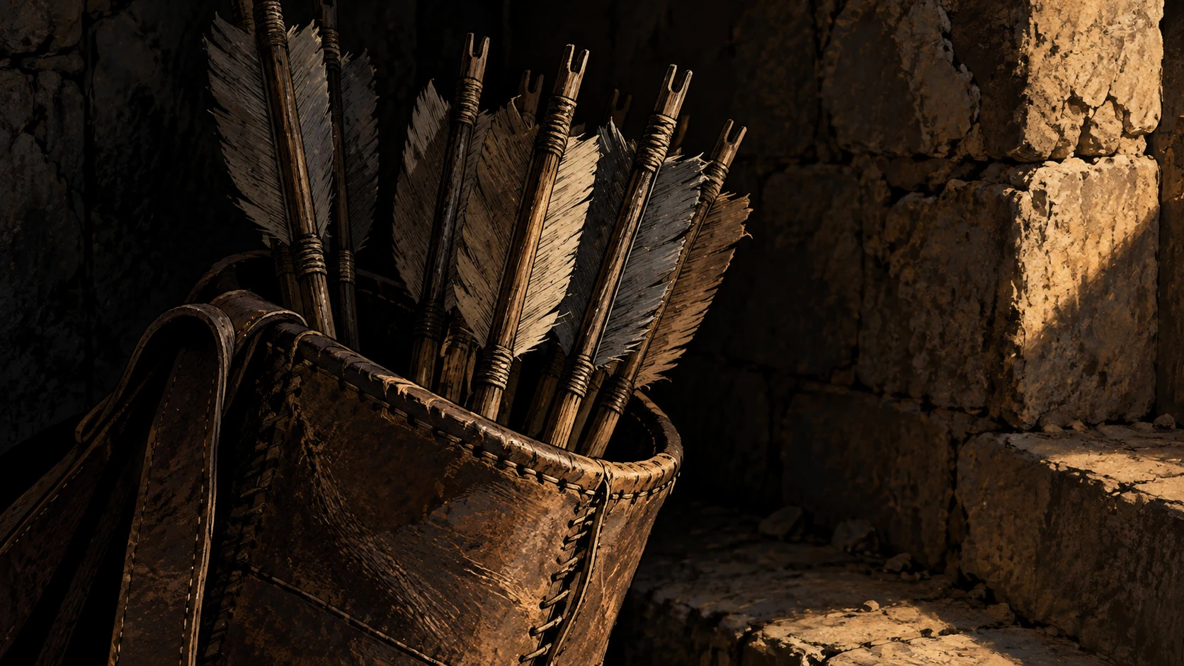 Poetic visual interpretation: Close view of arrows inside a worn ancient quiver in deep shadow, no bodily penetration.