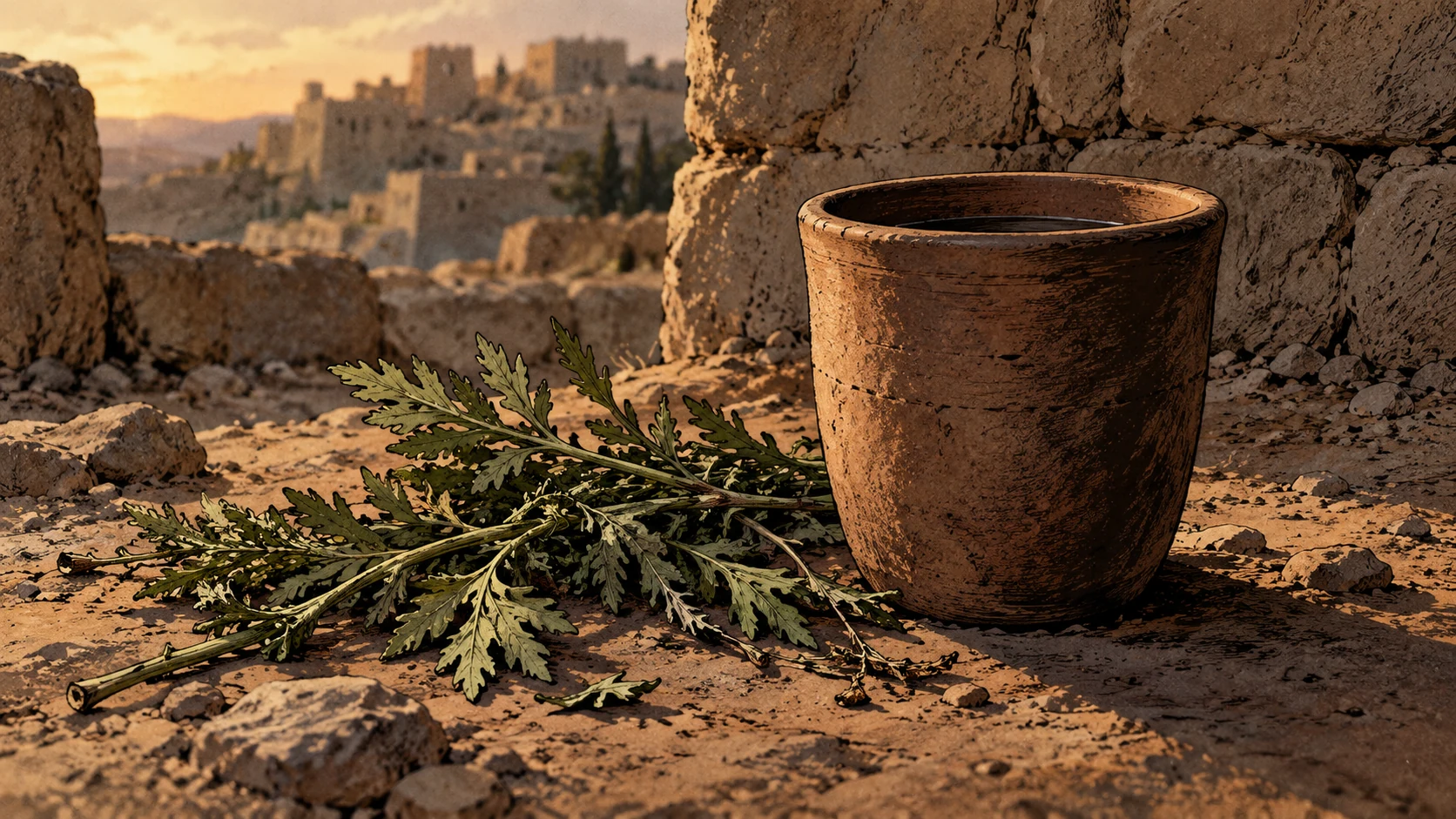 Poetic visual interpretation: Bitter herb sprigs beside a plain clay drinking cup on earth, still life, no poison label.