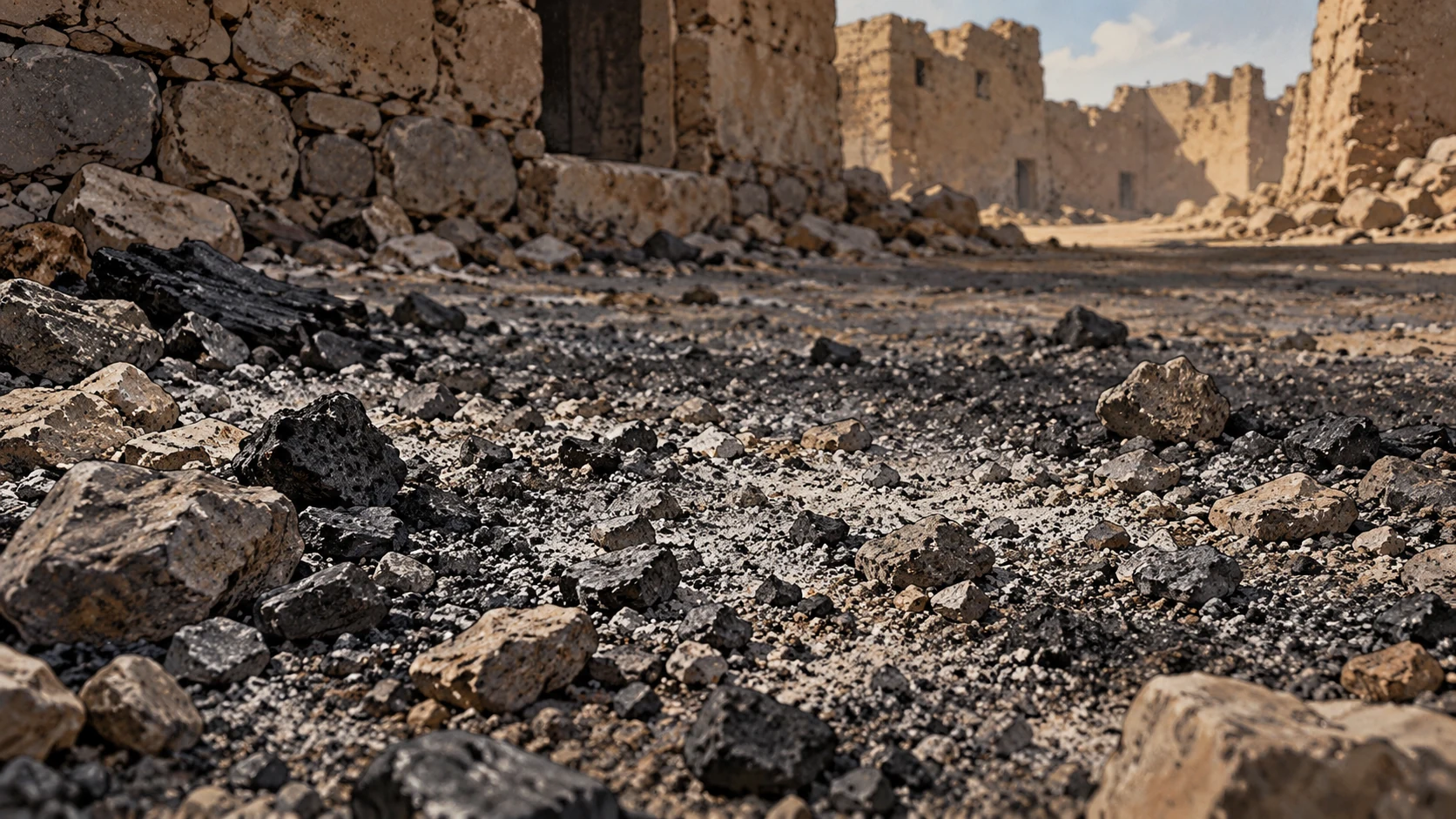 Poetic visual interpretation: Ground-level close view of rough gravel mingled with ash, no teeth or injured face.