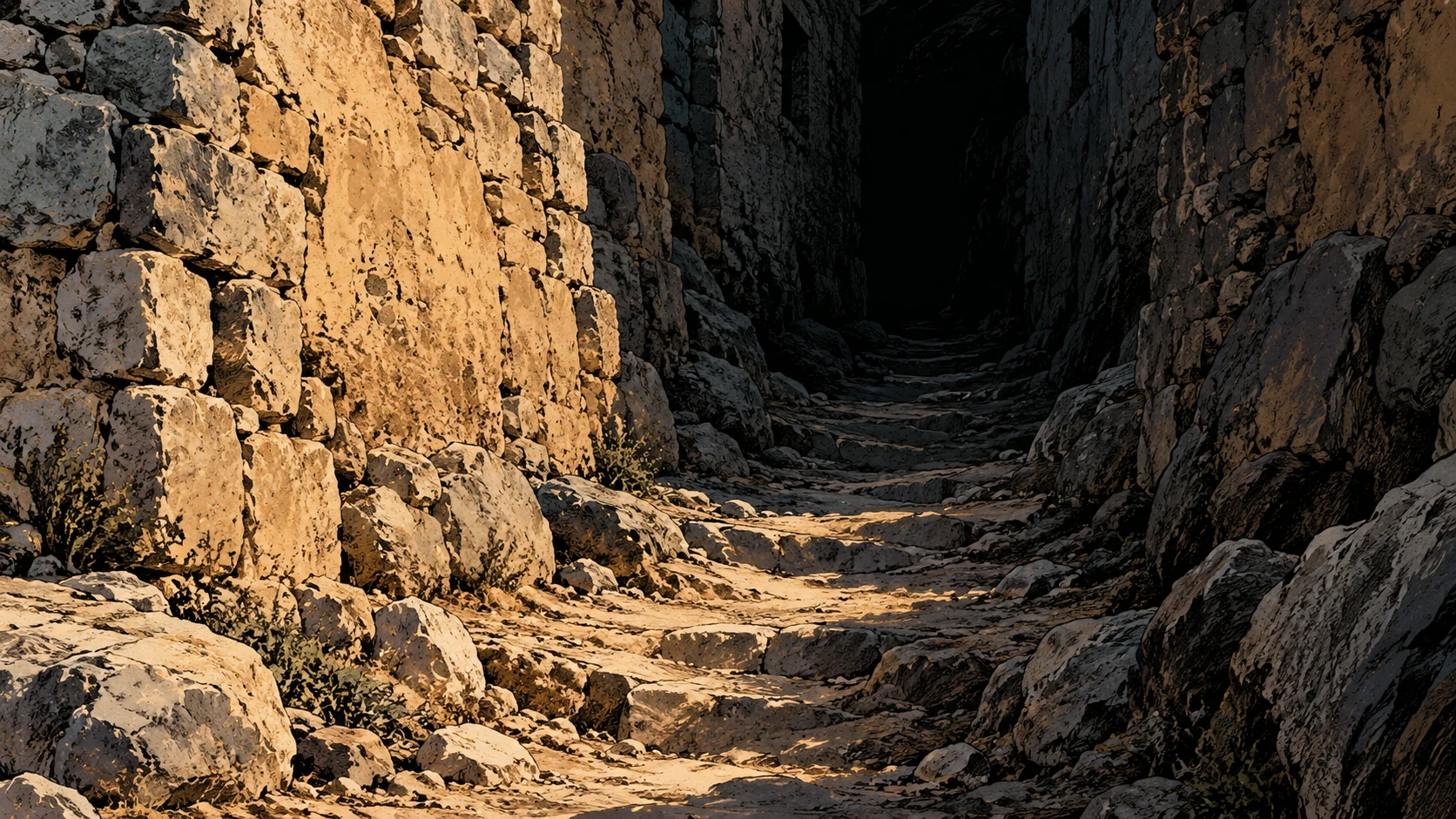 Poetic visual interpretation: Narrow ancient rocky path entering deep darkness, no person or supernatural effect.