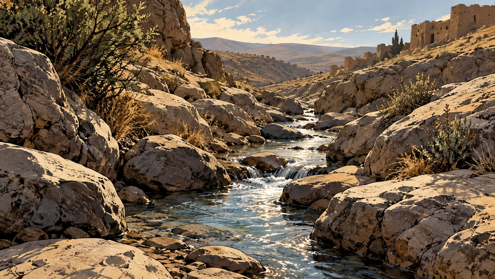 Poetic visual interpretation: Unbroken modest stream flows between dry stones, restrained metaphor for continuing mercy, no restored city.