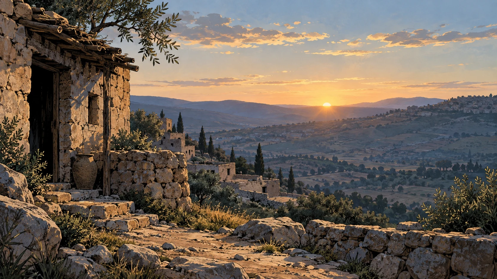 Poetic visual interpretation: Quiet dawn above a low ancient Judah ridge, soft natural light, hope without triumph or spectacular sunbeams.