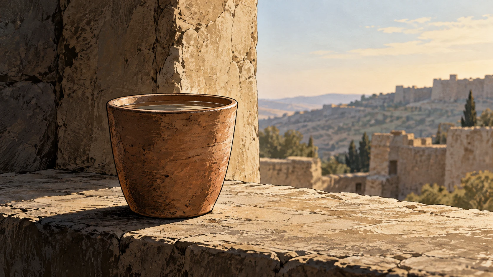 Poetic visual interpretation: One plain filled clay cup on a simple ledge in still natural light, disclosed metaphor for portion and hope.
