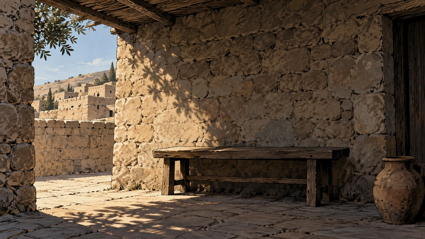 Poetic visual interpretation: Empty bench beneath a modest stone porch, still air and restrained daylight, no event claimed.