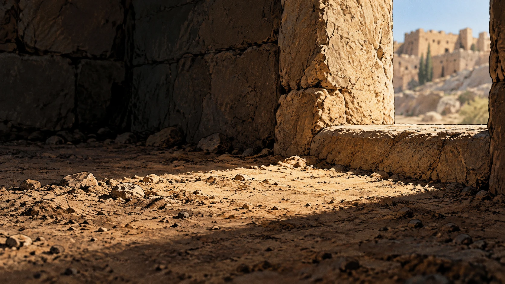Poetic visual interpretation: Close low view of dust beside a small opening in stone, humility conveyed without a face in dirt.