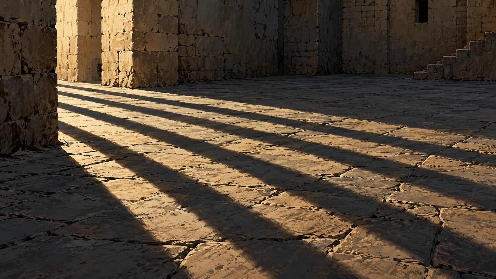 Poetic visual interpretation: Repeated long shadows cross one empty stone floor, disclosed metaphor for relentless affliction.
