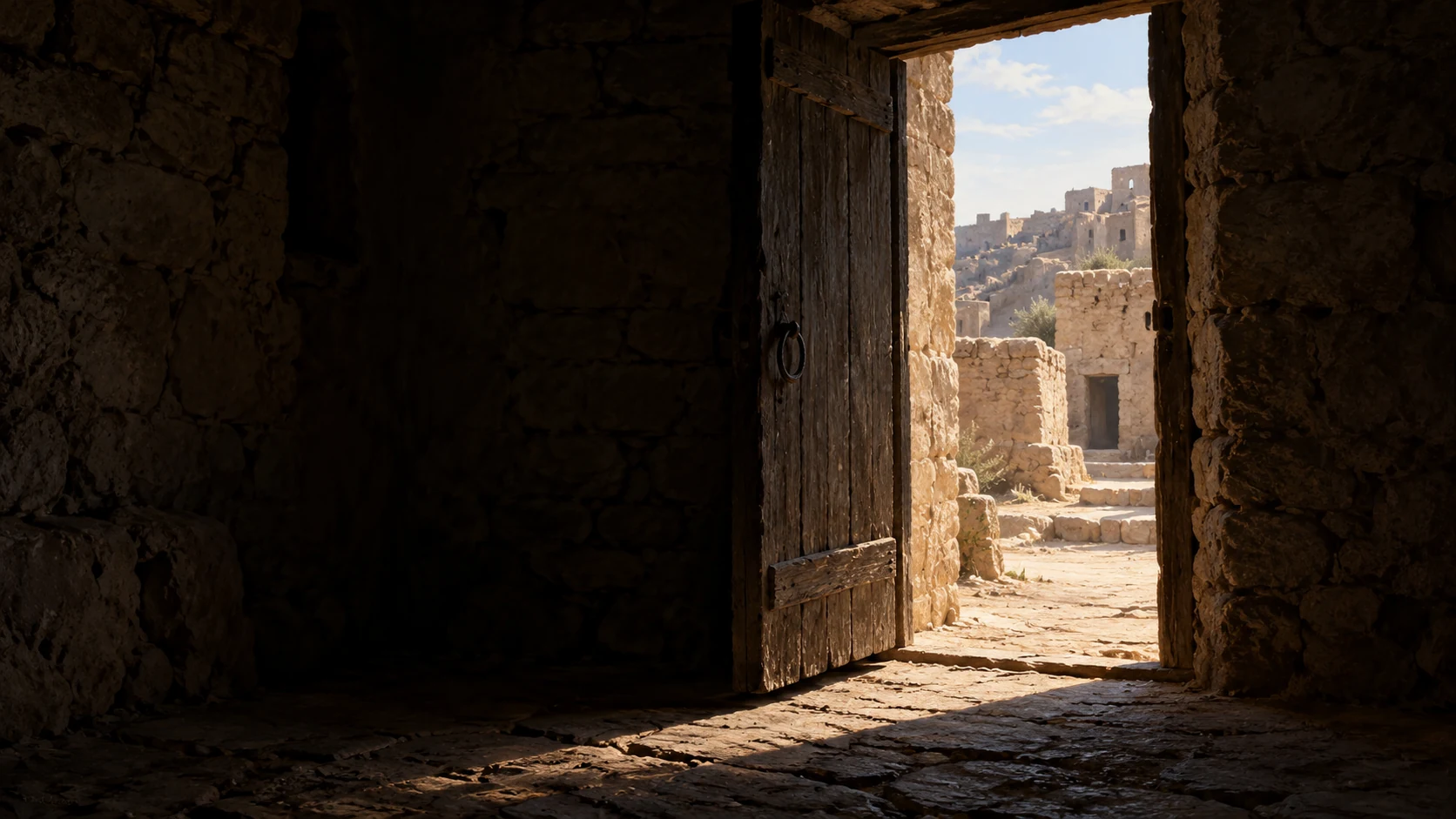 Poetic visual interpretation: A partly open empty ancient doorway seen from darkness, metaphor of possible welcome, no fulfilled rescue.