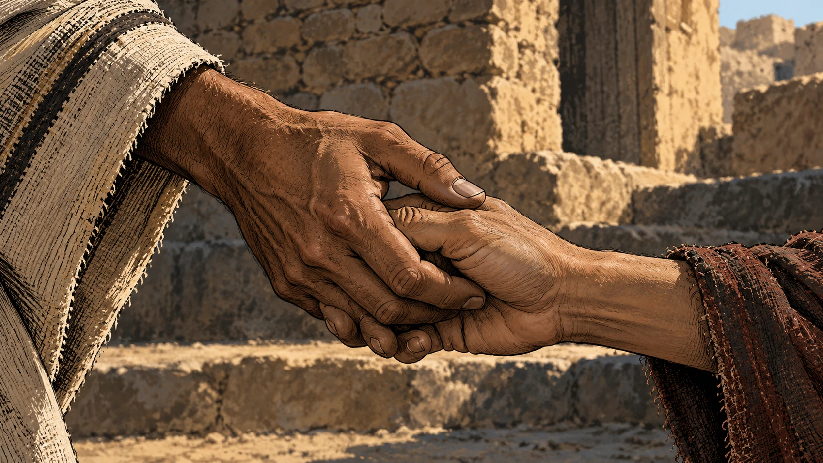 Poetic visual interpretation: Two anonymous adult hands gently supporting one another, tightly cropped, illustrative care, no divine hand.