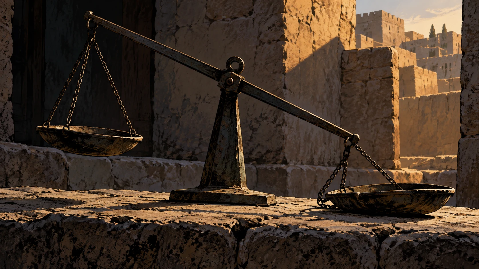Poetic visual interpretation: An uneven ancient balance lying unused on stone, disclosed metaphor of denied justice, no divine judgment figure.