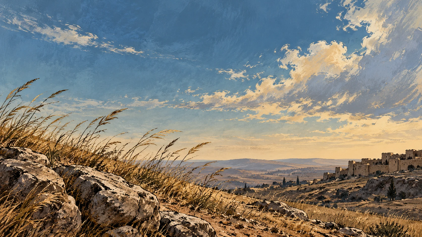 Poetic visual interpretation: Wind moves sparse grass below a vast empty sky, speech and command remain in exact text, no mouth or deity.