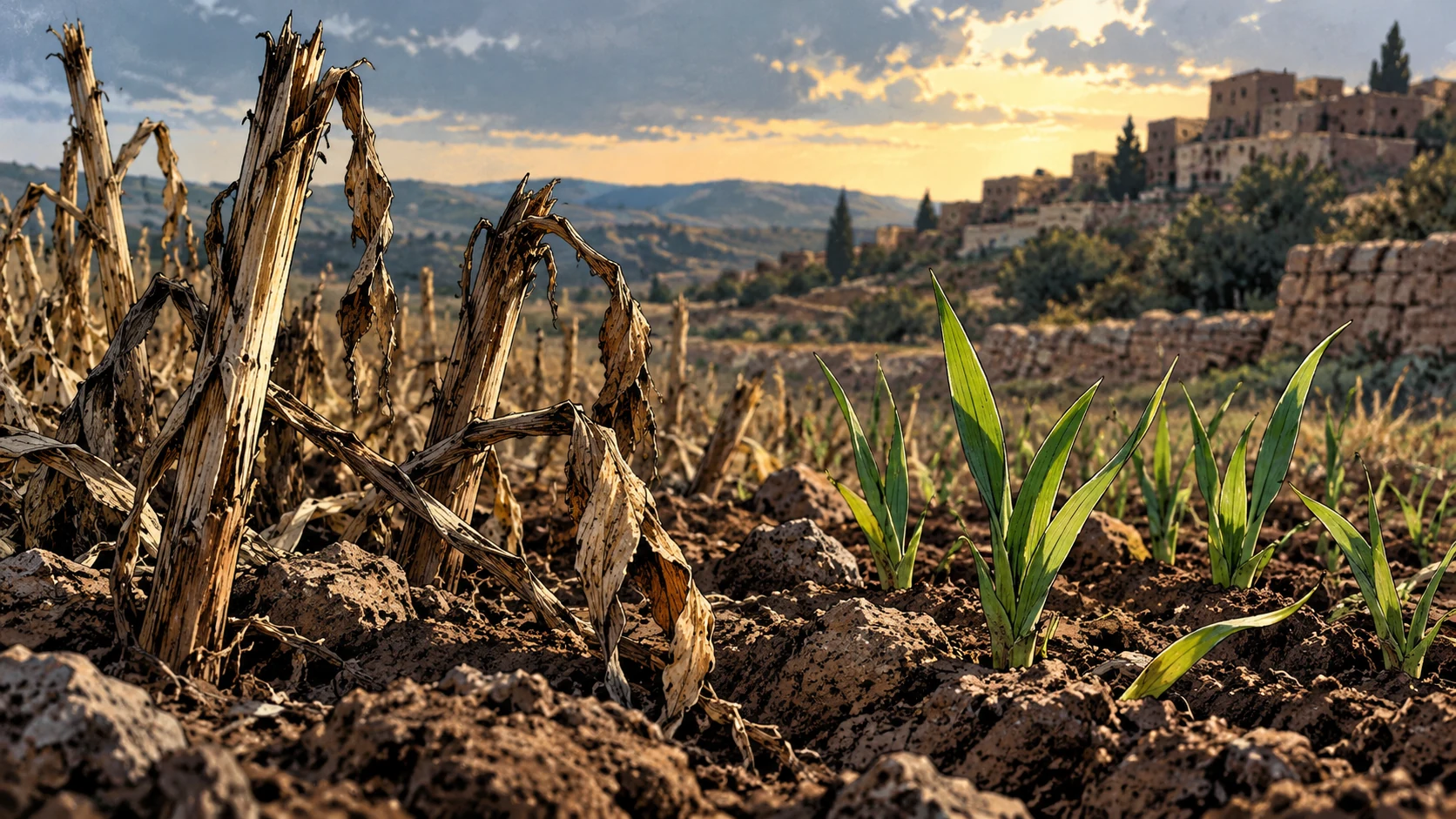 Poetic visual interpretation: A close field edge with damaged dry stems and sound green shoots, metaphor of calamity and good, no promised restoration.