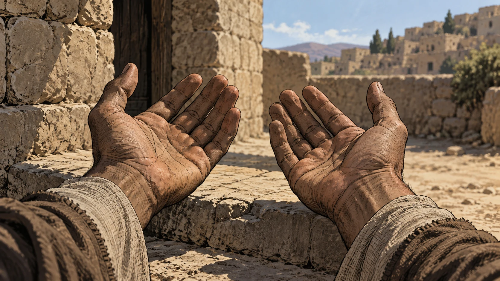 Poetic visual interpretation: Anonymous adult's hands resting open and empty in plain daylight, self-examination without invented ritual.