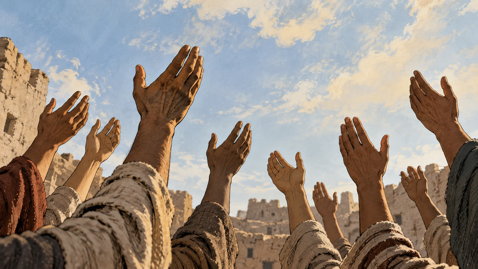 Poetic visual interpretation: Several anonymous adult hands raised against ordinary sky, communal appeal, no literal visible hearts.