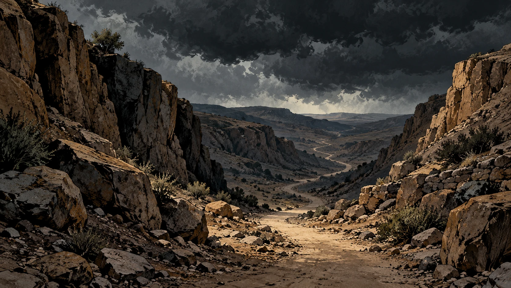 Poetic visual interpretation: Rough ravine under dark cloud with an empty winding path, poetic pursuit, no deity chasing people.