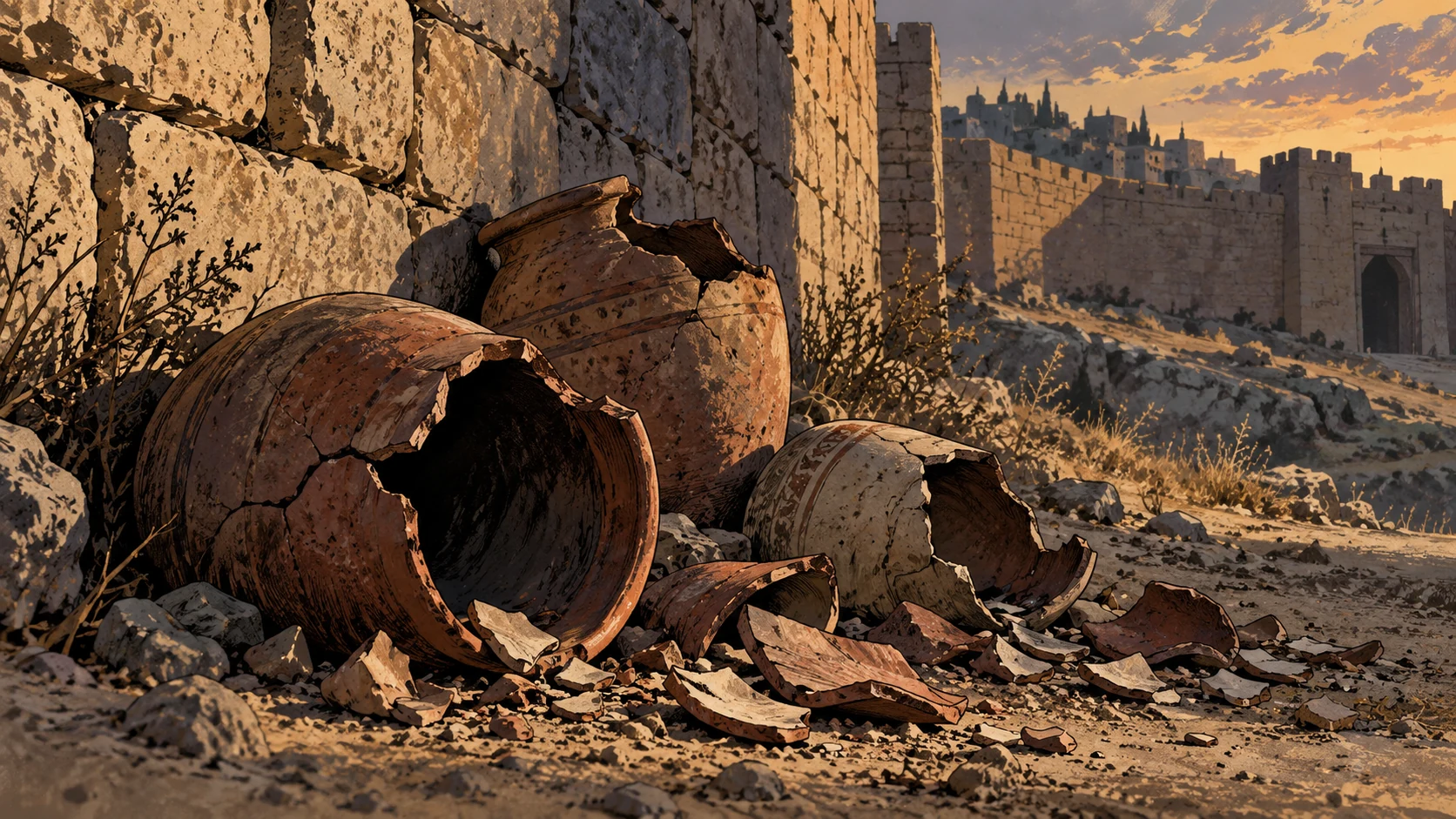 Poetic visual interpretation: Discarded broken pots outside an ancient wall, disclosed metaphor for social rejection, no dehumanized person.