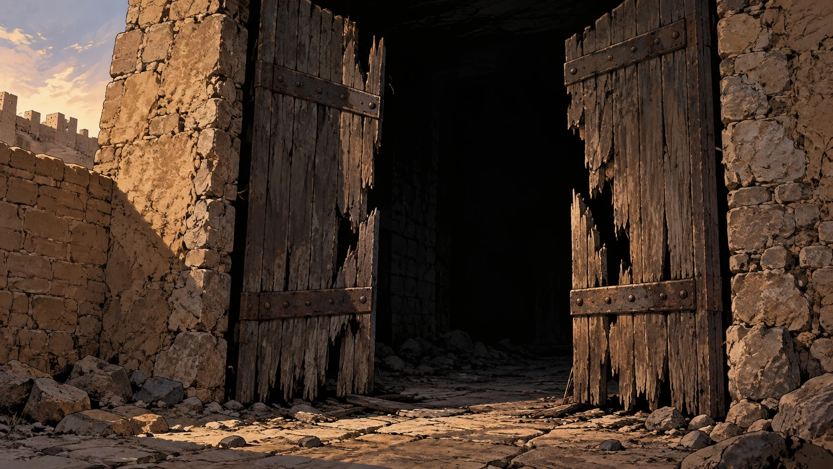 Poetic visual interpretation: Dark empty gate opening framed by splintered wood, metaphor for hostile speech, no snarling invented enemy.