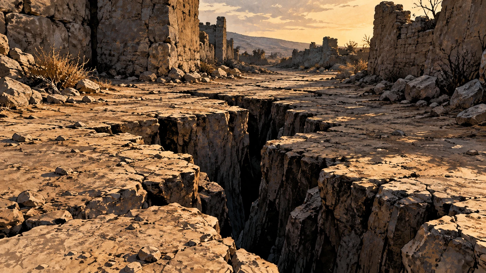 Poetic visual interpretation: Ground-level view of a deep fissure across an abandoned path, no falling person, metaphor for fear and ruin.
