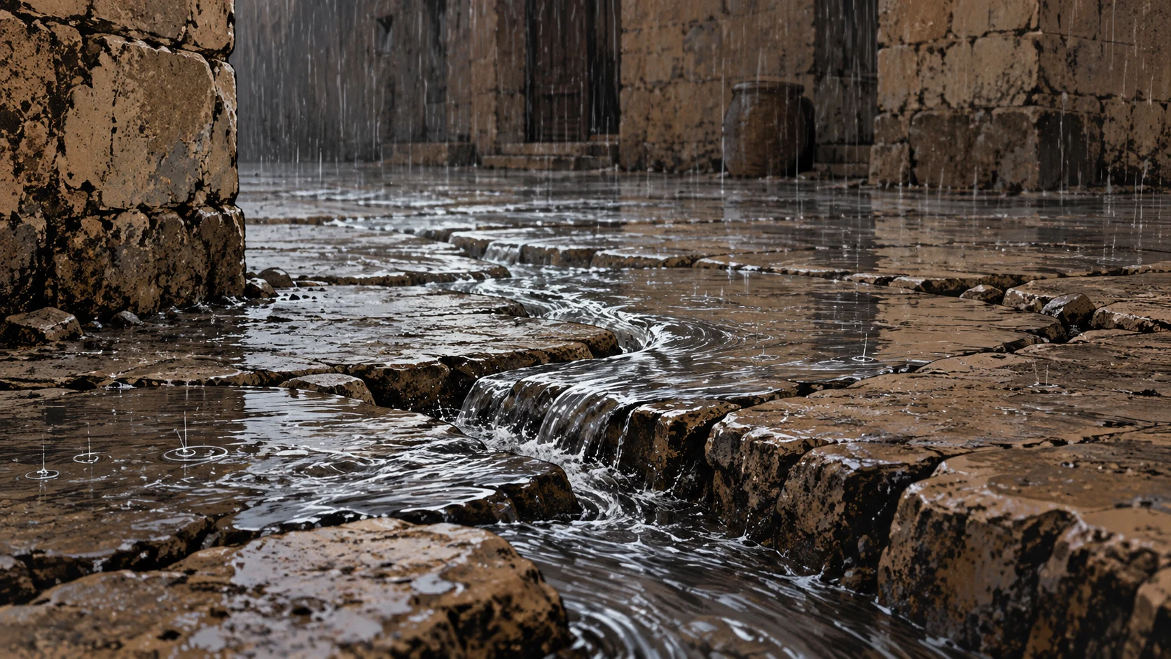 Poetic visual interpretation: Close rainwater flows over fractured ancient courtyard stone, no face, restrained water metaphor.