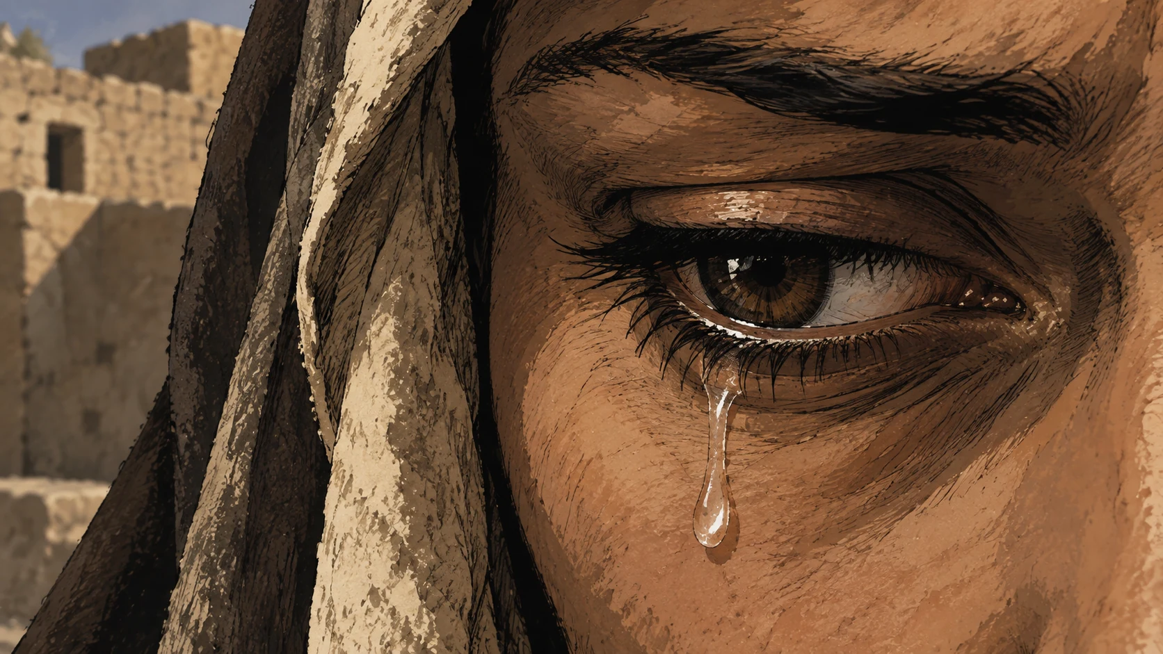 Poetic visual interpretation: Anonymous adult's eye with a single continuing tear, tightly cropped and dignified, no injury.