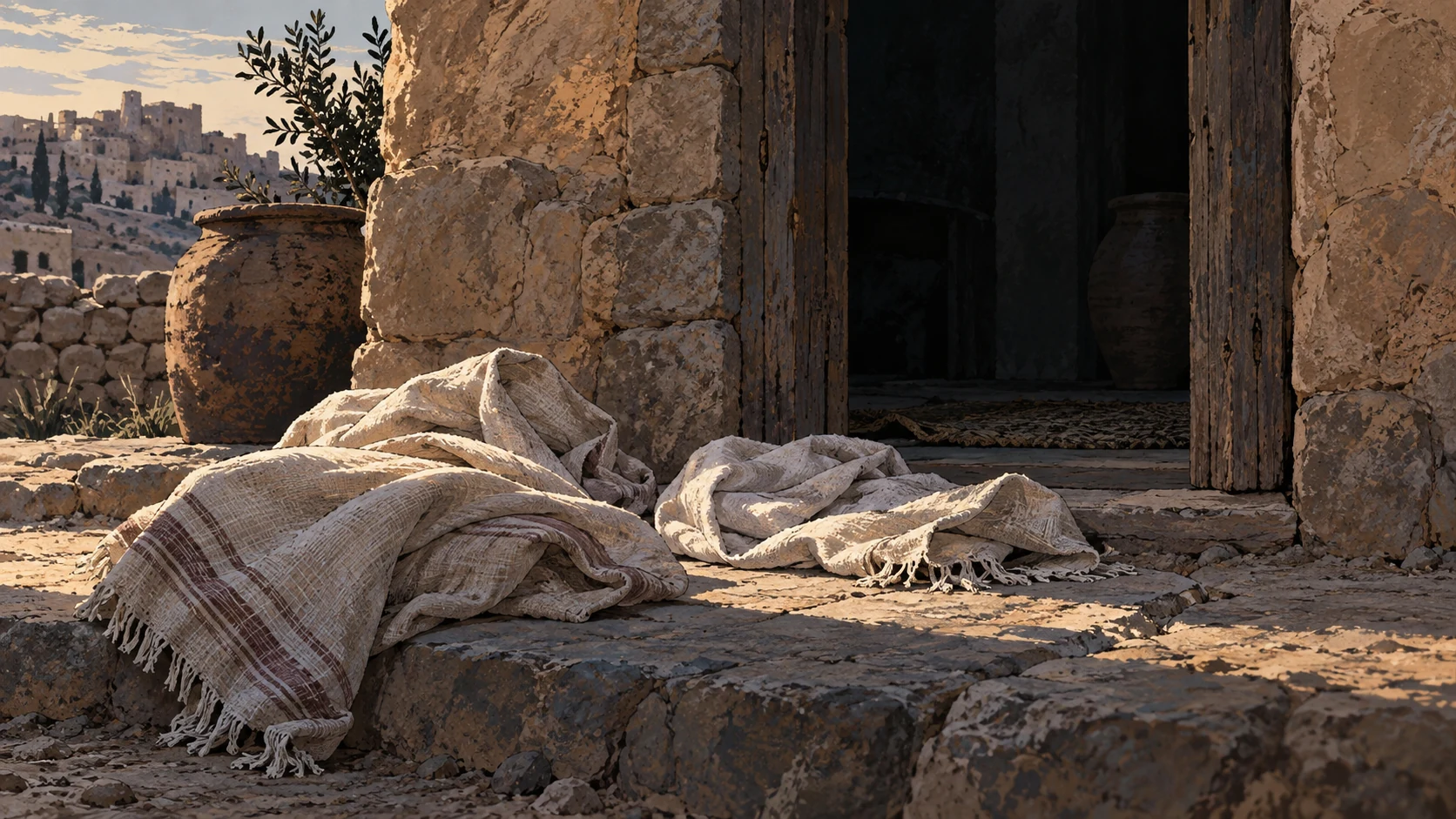 Poetic visual interpretation: Empty women's plain cloth wraps near a deserted household threshold, indirect grief, no abused bodies.