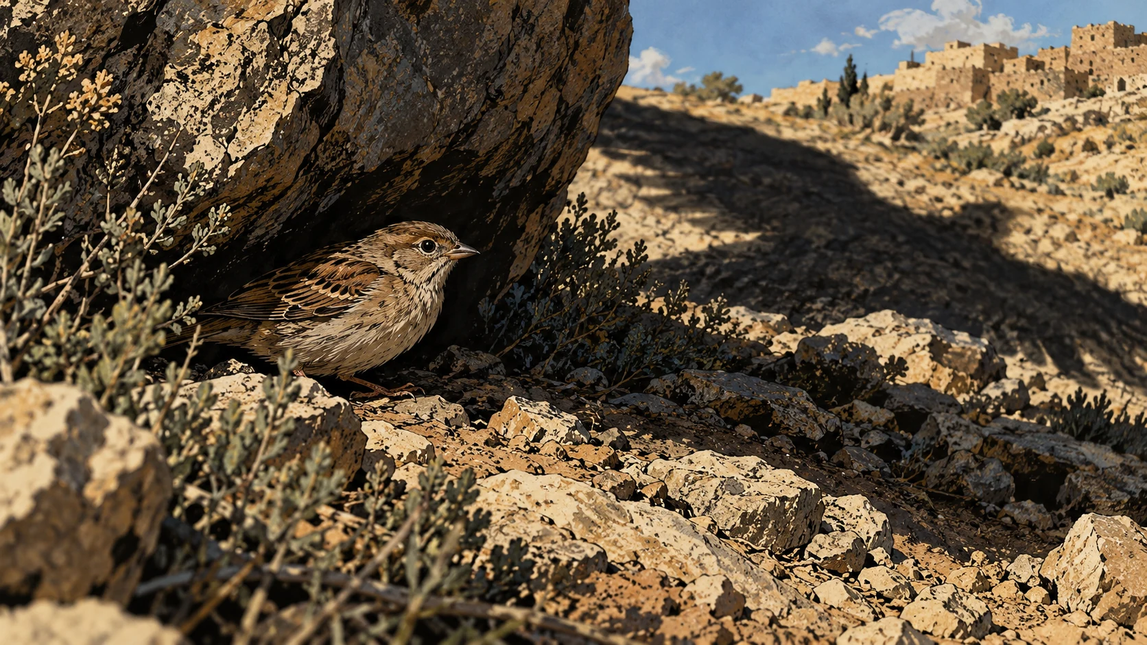 Poetic visual interpretation: Small bird poised in rocky scrub beneath a broad shadow, metaphor for pursuit, no hunter invented.