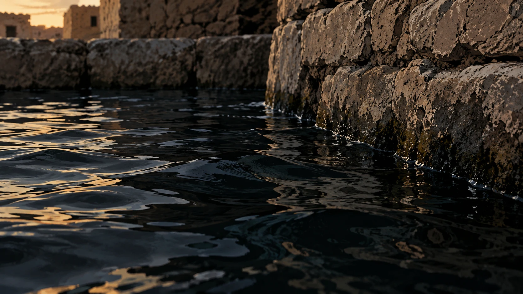Poetic visual interpretation: Very close dark water surface against rough stone, no drowning person; disclosed poetic metaphor.