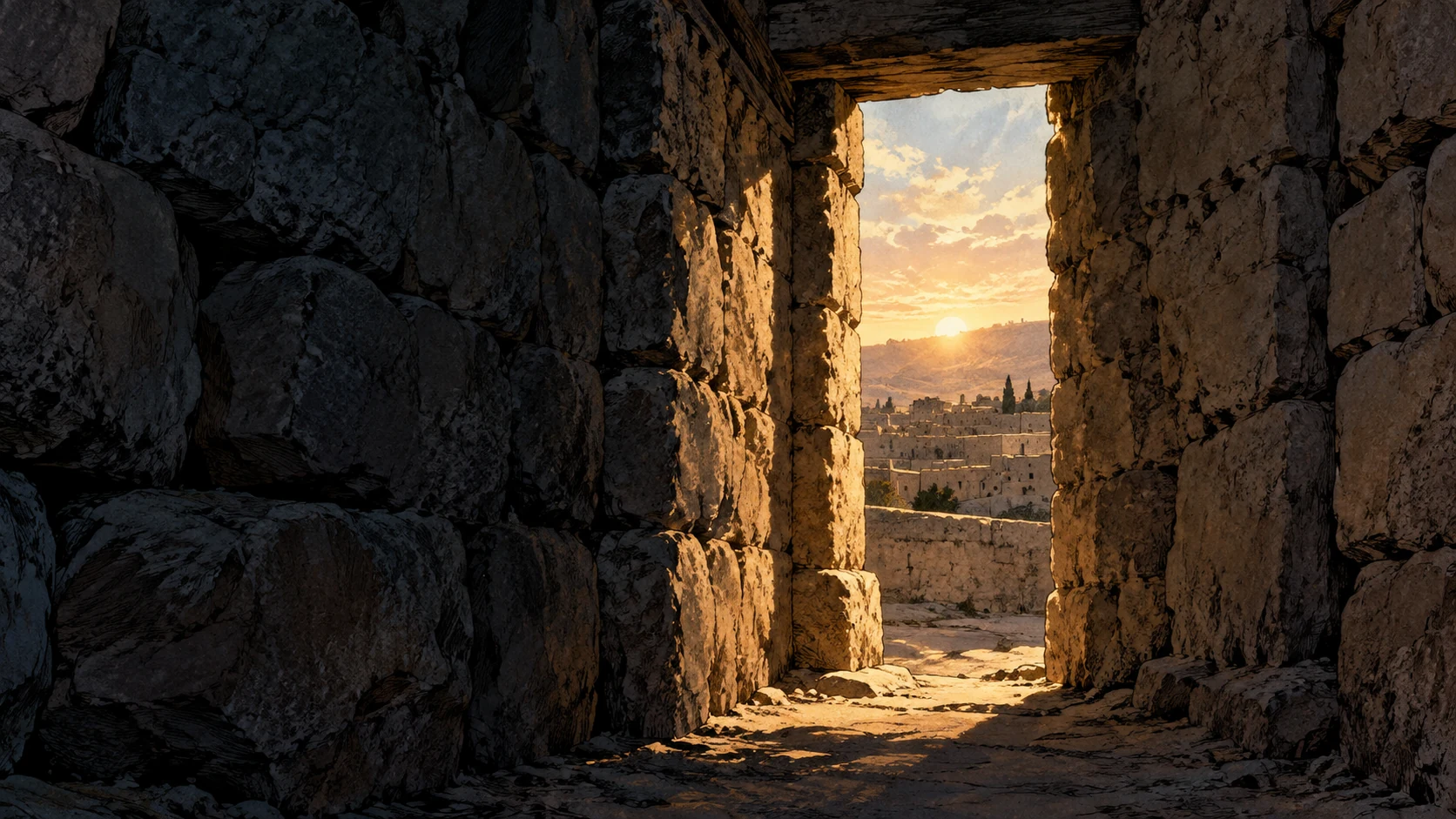 Poetic visual interpretation: A small open passage through heavy stone framing distant light, metaphor for a heard plea, no divine ear.