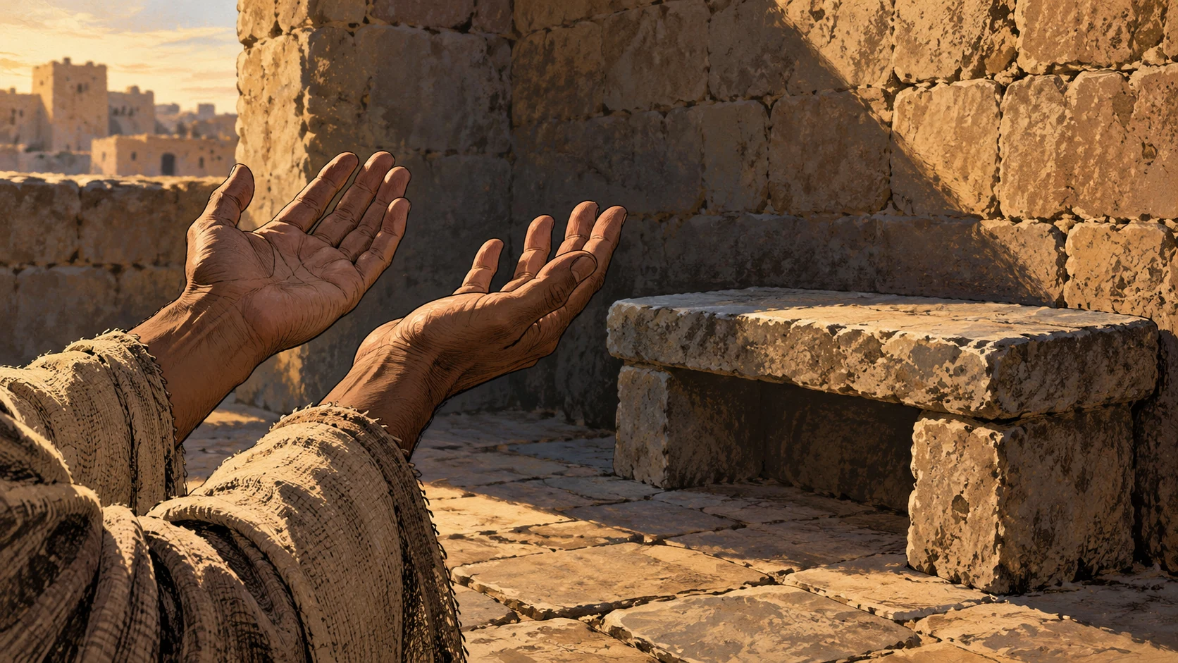 Poetic visual interpretation: Anonymous open hands above a plain stone seat, appeal for justice, no courtroom verdict.