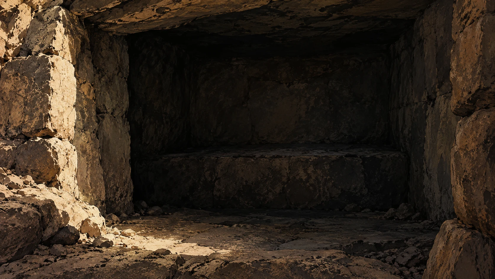 Poetic visual interpretation: Empty dark alcove with no tomb inscription, no dead bodies, almost no light.