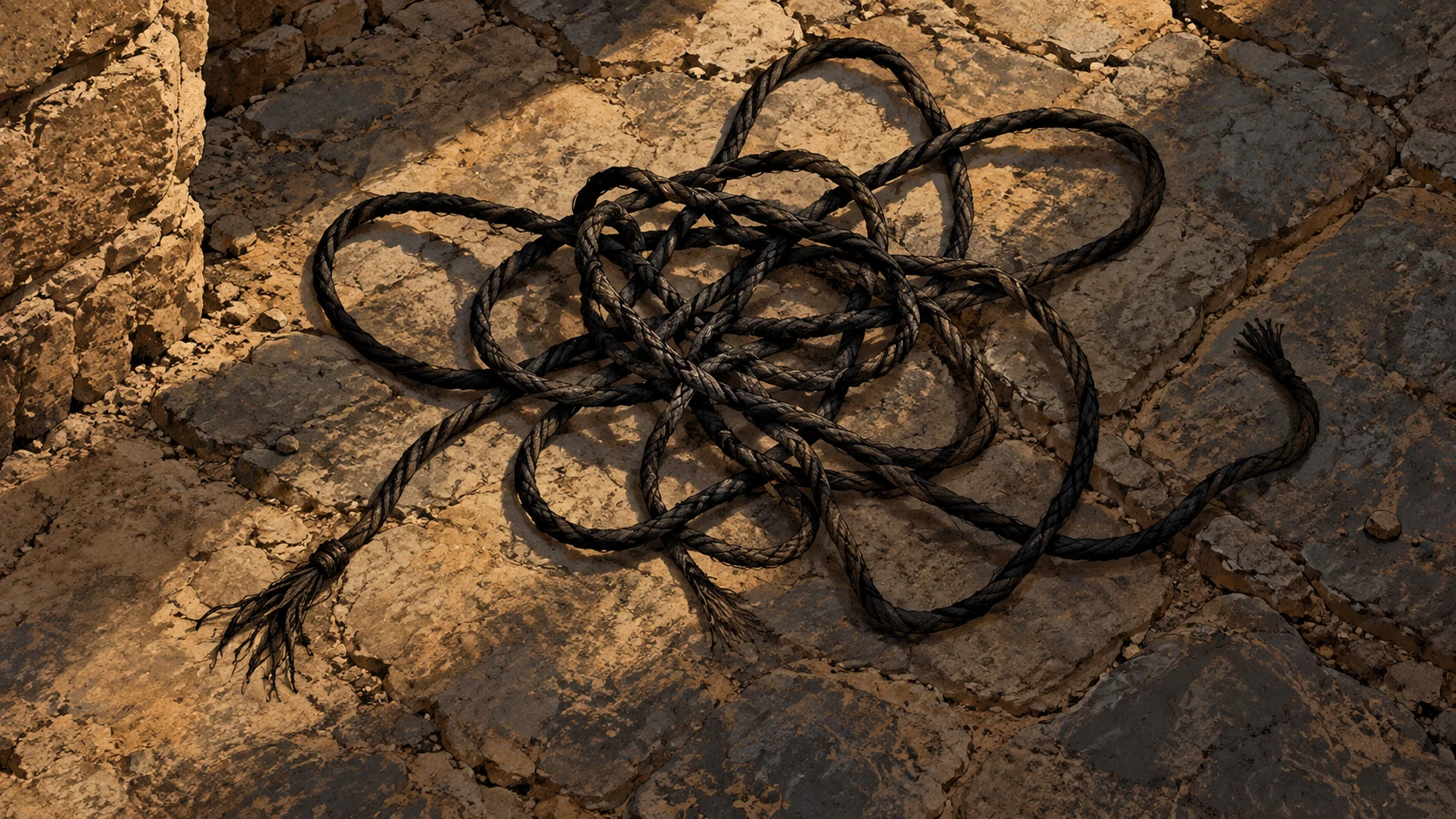 Poetic visual interpretation: Overhead view of tangled dark cord on rough stone, metaphor of hostile schemes, no plotted event.