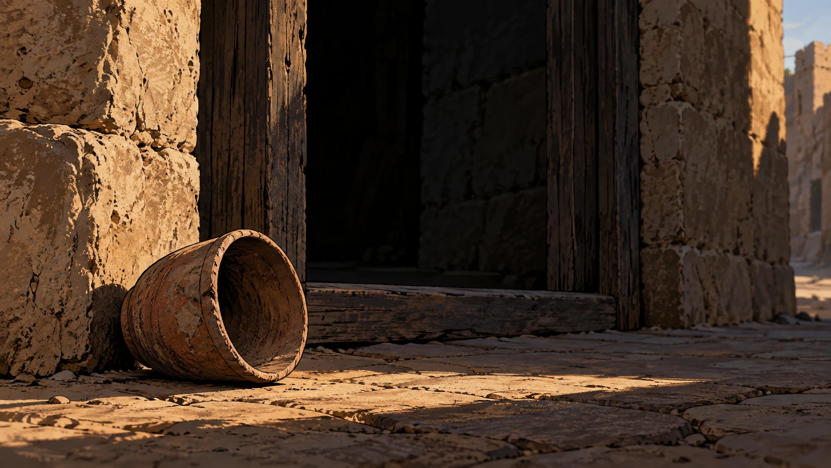 Poetic visual interpretation: A worn empty earthen cup beside a shadowed doorway, stillness under hostile words, no lettering or speaker.
